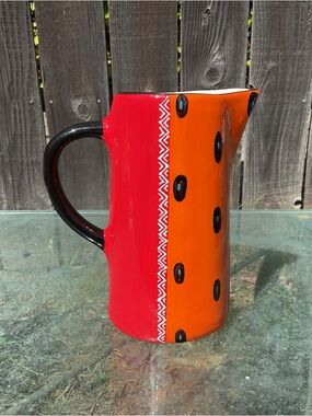Elsona Hand Painted Signed Ceramic Pitcher Africa Red Orange Black Polka Dot